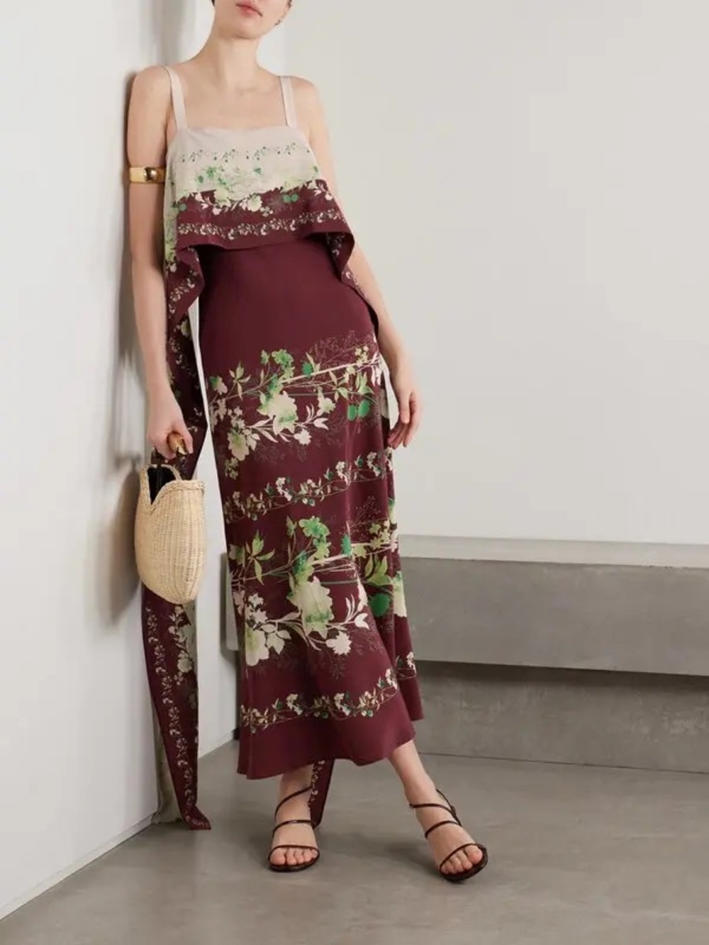 LA DoubleJ Burgundy Floral Midi Dress with Cream Bodice